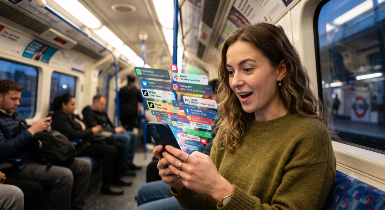 Ai Generated photo of a lady on a training holding a phone with tons of notifications