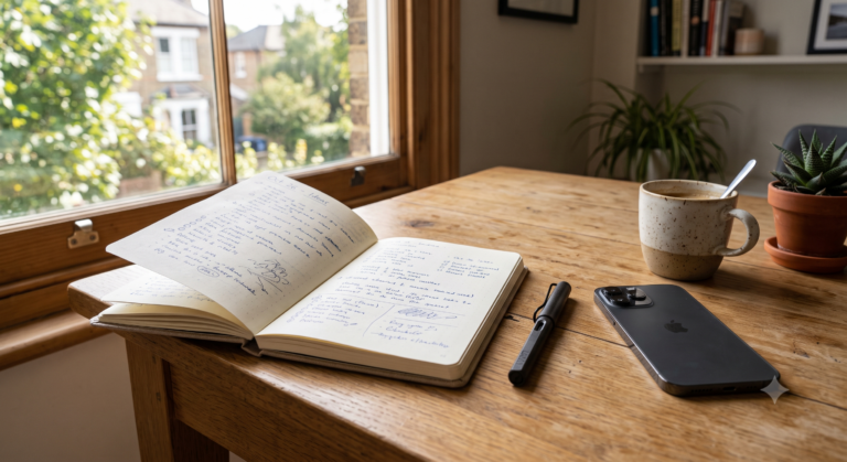 A notebook and pen beside a phone left face-down, representing a deliberate replacement for scrolling