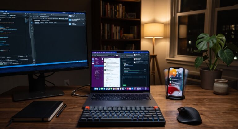 Photo of a home office desk with a macbook, second screen and iphone