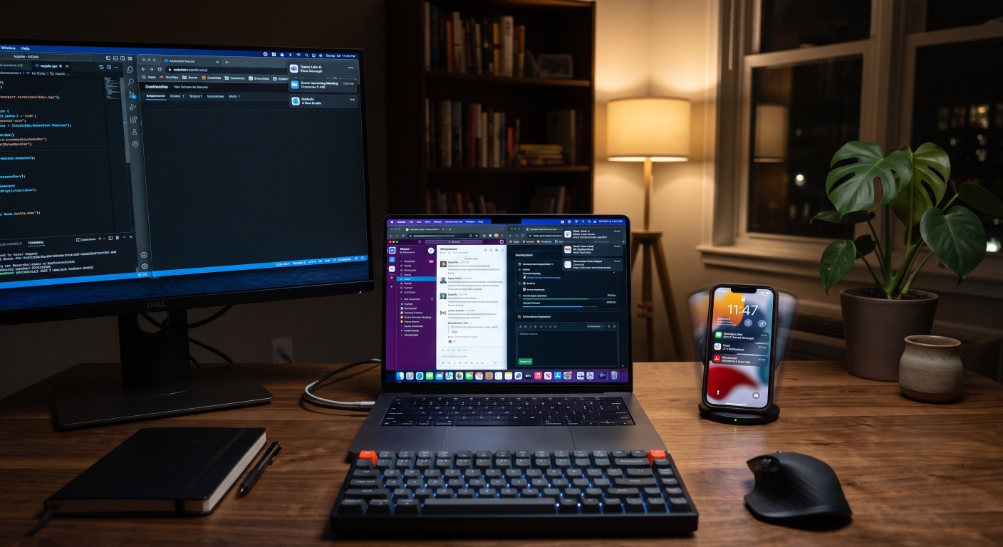 Photo of a home office desk with a macbook, second screen and iphone