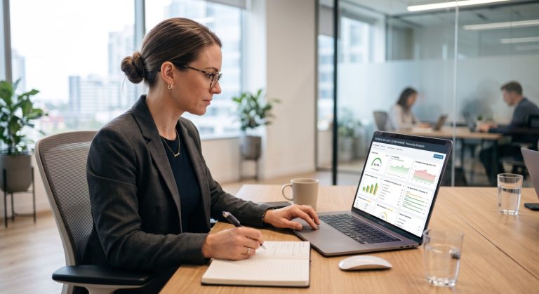 Photo of a person in a office lookinh at their laptop